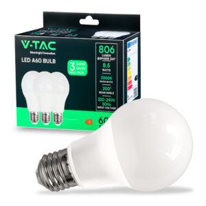 LED Bulb 8.5W E27 A60 Thermoplastic 3000K 3Pcs/Pack