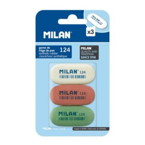 Milan 124 Confezione da 3 Gomme Ovali - Gomma Sintetica Liscia - Colori Assortiti