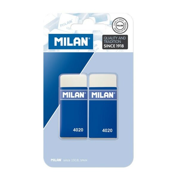 Milan 4020 Confezione da 2 Gomme Rettangolari - Morbida Gomma Sintetica - Striscia di Cartone Blu - Colore Bianco