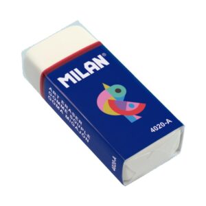 Milan 4020A Gomma Rettangolare - Briciola di Pane - Liscia - Gomma Sintetica - Striscia di Cartoncino Blu - Disegni Assortiti - Colore Bianco