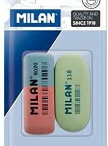 Milan Confezione da 2 Gomme, 1x 8020 Gomma Smussata a Doppia Intensità + 1x Gomma Ovale 118 - Gomma Sintetica - Per Tutti i Tipi di Carta - Colori Assortiti