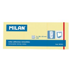 Milan Confezione da 3 Blocchi da 100 foglietti adesivi - Rimovibili - 38 mm x 50 mm - Colore giallo chiaro