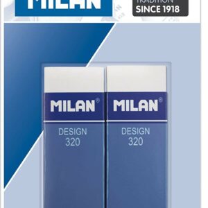 Milan Nata 320 Confezione da 2 Gomme Rettangolari - Plastica - Striscia di Cartone Blu - Tutti i Tipi di Superfici - Colore Bianco