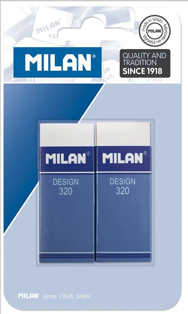 Milan Nata 320 Confezione da 2 Gomme Rettangolari - Plastica - Striscia di Cartone Blu - Tutti i Tipi di Superfici - Colore Bianco