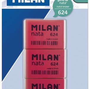 Milan Nata 624 Confezione da 3 Gomme Rettangolari - Plastica - Morbida - Non Abrasiva - Colore Rosso/Bianco