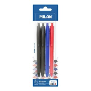 Milan P1 Touch Confezione da 4 penne a sfera retrattili - Punta tonda da 1 mm - Inchiostro a base di olio - Scrittura fluida - 1.200 m di scrittura - Colore Nero x2, Blu e Rosso