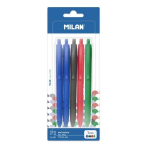 Milan P1 Touch Confezione da 5 penne a sfera retrattili - Punta rotonda da 1 mm - Inchiostro a base di olio - Scrittura fluida - 1.200 m di scrittura - Colore blu x2, nero, rosso e verde