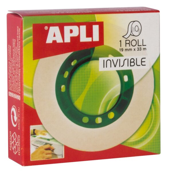 Nastro Adesivo Invisibile Apli 19mm x 33m - Facile da Tagliare - Resistente - Ideale per Uso Ufficio - Trasparente