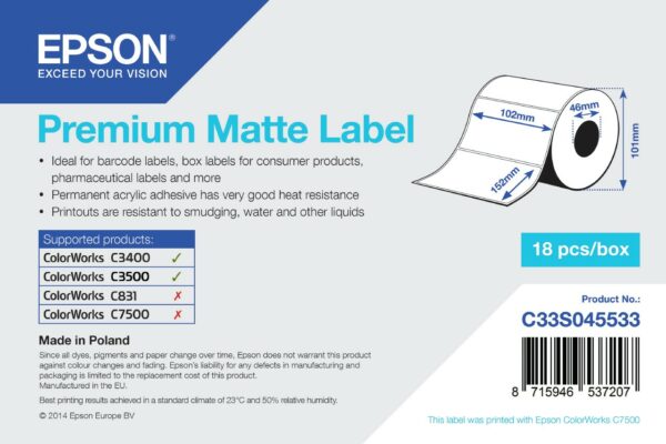 ORIGINALE Epson Etichette Bianco C33S045533 S045533 Premium Matte Label - Die-cut Roll: 102mm x 152mm, 225 labels