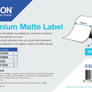 ORIGINALE Epson Etichette Bianco C33S045727 S045727 Premium Matte Label - Continuous Roll: 105mm x 35m