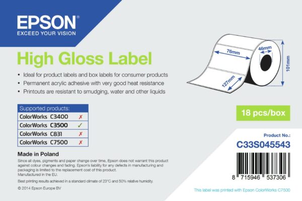 ORIGINALE Epson Etichette C33S045543 S045543 High Gloss Label - Die-cut Roll: 76mm x 127mm, 250 labels