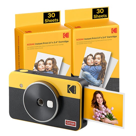 Pacchetto fotocamera digitale istantanea Kodak Mini Shot 2 Retro Bluetooth + 60 fogli di carta fotografica 5,3x8,6 cm - Schermo LCD da 1,7 - Flash integrato - Specchio per selfie - Colore giallo/nero