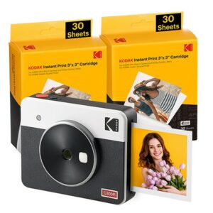 Pacchetto fotocamera digitale istantanea Kodak Mini Shot 3 Retro Bluetooth + 60 fogli di carta fotografica 7,62x7,62 cm - Schermo LCD da 1,7 - Flash integrato - Specchio per selfie - Colore bianco/nero