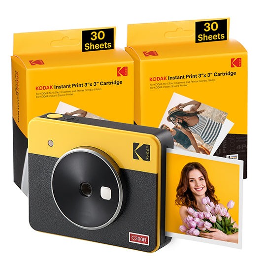 Pacchetto fotocamera digitale istantanea Kodak Mini Shot 3 Retro Bluetooth + 60 fogli di carta fotografica 7,62x7,62 cm - Schermo LCD da 1,7 - Flash integrato - Specchio per selfie - Colore giallo/nero