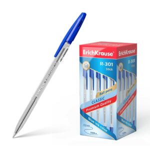 Penna a sfera Erichkrause R-301 Classic Stick 1.0 - Corpo esagonale trasparente - Punta da 1,0 mm - Inchiostro ad asciugatura rapida - Colore blu