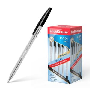 Penna a sfera Erichkrause R-301 Classic Stick 1.0 - Corpo esagonale trasparente - Punta da 1,0 mm - Inchiostro ad asciugatura rapida - Colore nero