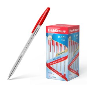 Penna a sfera Erichkrause R-301 Classic Stick 1.0 - Corpo esagonale trasparente - Punta da 1,0 mm - Inchiostro ad asciugatura rapida - Colore rosso