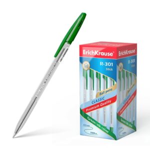 Penna a sfera Erichkrause R-301 Classic Stick 1.0 - Corpo esagonale trasparente - Punta da 1,0 mm - Inchiostro ad asciugatura rapida - Colore verde