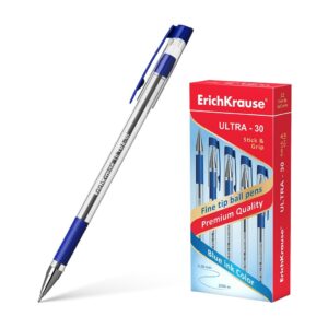 Penna a sfera Erichkrause Ultra-30 - Ricaricabile con punta fine - Corpo trasparente con impugnatura in gomma - Inchiostro ad asciugatura rapida - Colore blu