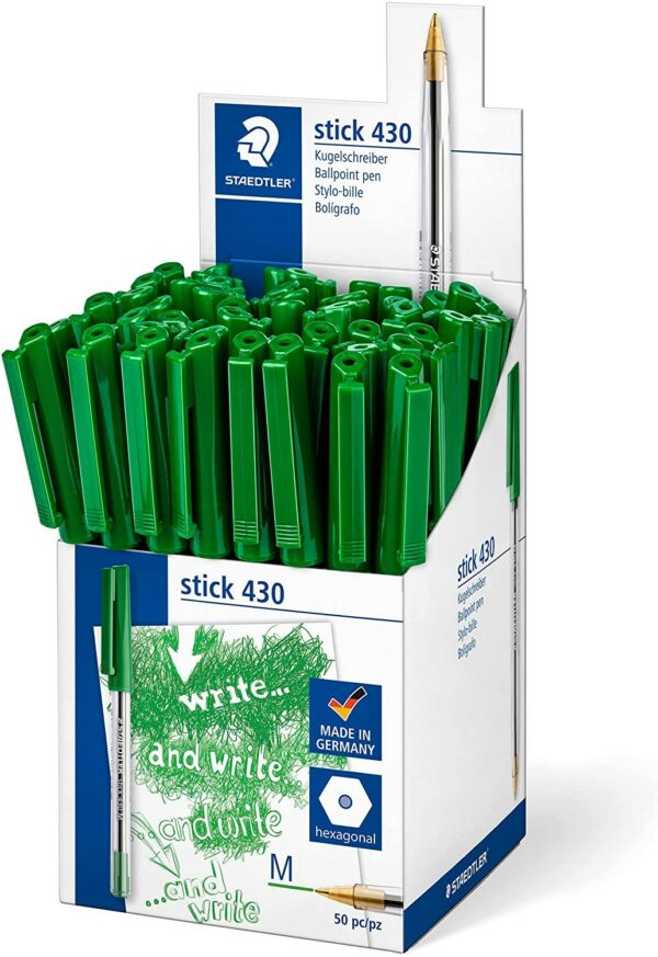 Penna a sfera Staedtler Stick 430 con cappuccio - Punta 0,35 mm - Inchiostro indelebile - Colore verde