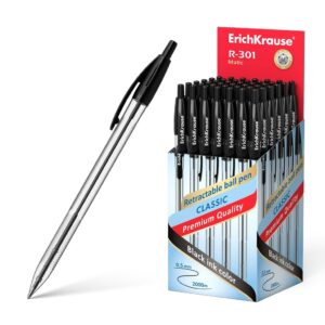 Penna a sfera automatica Erichkrause R-301 Classic Matic Punta da 1,0 - 1,0 mm - Inchiostro ad asciugatura rapida - Corpo esagonale trasparente - Colore nero