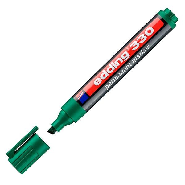 Pennarello indelebile Edding 330 - Punta a scalpello - Linea tra 1 e 5 mm. - Inchiostro quasi inodore - Cappuccio con clip - Asciugatura rapida - Colore verde