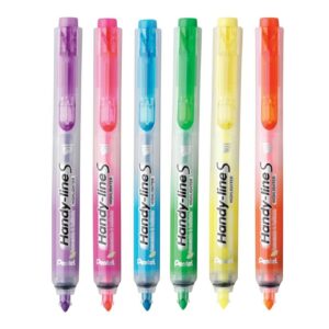 Pentel Handy Line S Confezione da 6 Pennarelli Fluorescenti Retrattili - Inchiostro Liquido - Linea da 1,6 a 3mm - Formato Fine con Clip - Colori Giallo, Arancione, Fucsia, Viola, Verde e Blu