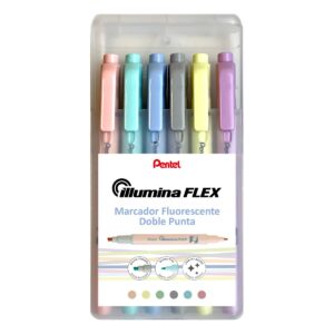 Pentel Illumina Flex Confezione da 6 pennarelli fluorescenti a doppia punta - Tratto smussato tra 1,5 e 3,5 mm - Tratto conico 1 mm - Colori giallo, grigio, pesca, viola, verde turchese e blu