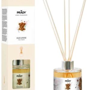 Prady Premium Oud & Rose Deodorante per ambienti - Flacone in vetro da 130 ml e bacchette diffusore