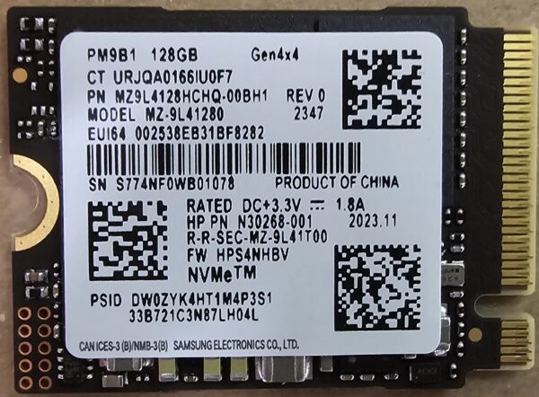 SAMSUNG SOLID STATE DRIVE SSD 128 GB PCIE GEN4X4 M.2 MINI 2230 NVME PM9B1 MZ9L4128HCHQ OEM BULK