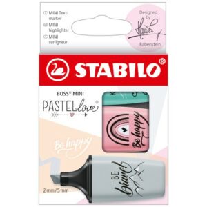 Stabilo Boss Mini Pastellove Confezione da 3 Pennarelli Fluorescenti - Linea tra 2 e 5 mm - Inchiostro a Base Acqua - Anti-asciugatura - Colori Rosa, Turchese e Grigio