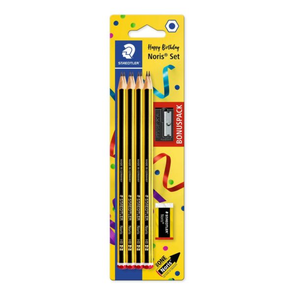 Staedtler Noris 120 confezione da 8 matite esagonali in grafite + gomma + temperino - mina HB ultra resistente da 2 mm - legno proveniente da foreste sostenibili