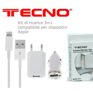 TECNO KIT DI RICARICA HOME E CAR PER IPHONE 5/6/7 CAVO FLAT BLACK B-2016