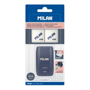 Temperamatite Compact Milan Serie Compact 1918 con 2 Gomme - Temperamatite Doppio - Lama di Sicurezza - Colore Blu Scuro