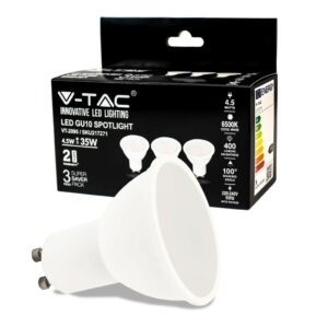 V-TAC Faretto LED GU10 4,5W 100° Copertura Satinata 6500K (Box 3 Pezzi)