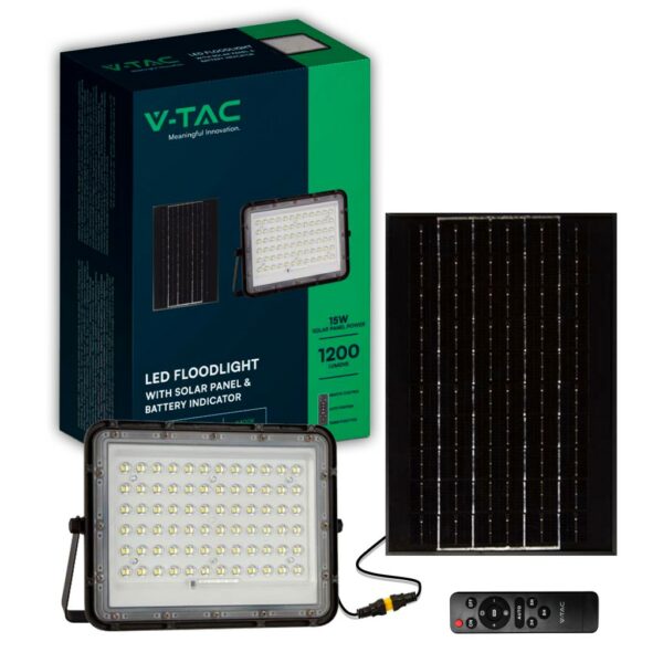 V-TAC Faro LED con Telecomando e Pannello Solare 15W Batteria sostituibile Cavo da 3m Colore Nero 4000K