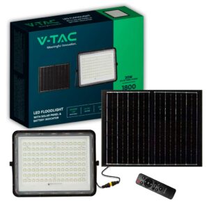 V-TAC Faro LED con Telecomando e Pannello Solare 20W Batteria sostituibile Cavo da 3m Colore Nero 6400K