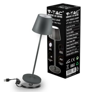 V-TAC Lampada LED da Tavolo 2W Colore Grigio in Alluminio con caricatore Wireless e Touch Dimmerabile 3000K IP54