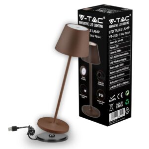 V-TAC Lampada LED da Tavolo 2W Colore Marrone in Alluminio con caricatore Wireless e Touch Dimmerabile 3000K IP54