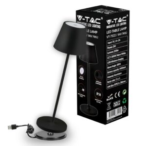 V-TAC Lampada LED da Tavolo 2W Colore Nero in Alluminio con caricatore Wireless e Touch Dimmerabile 3000K IP54