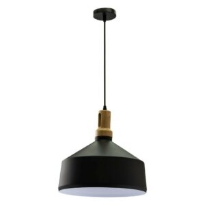 V-TAC Lampadario LED in Metallo a Coppa con Portalampada E27 (Max 60W) Colore Nero Opaco e Attacco in Legno