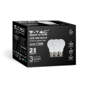 V-TAC Lampadina LED E27 10,5W 100LM/W A60 3000K (Box 3 pezzi)