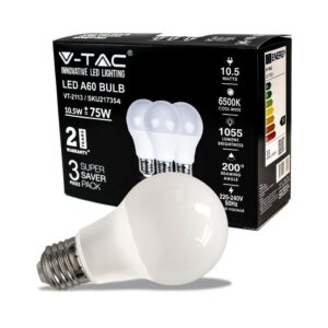 V-TAC Lampadina LED E27 10,5W 100LM/W A60 6500K (Box 3 pezzi)