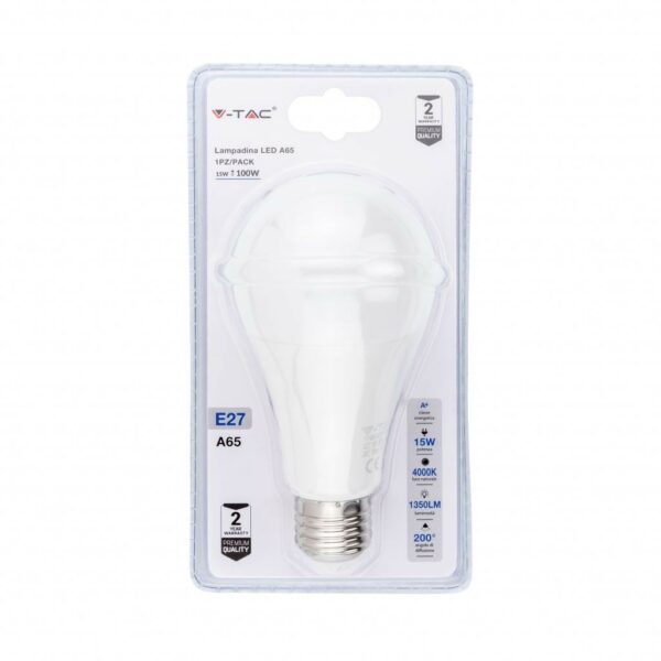 V-TAC Lampadina LED E27 15W A60 4000K (Blister 1 Pezzo)