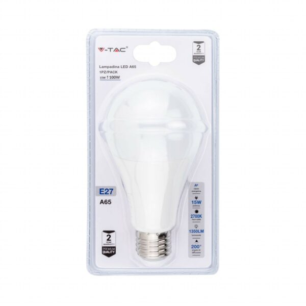 V-TAC Lampadina LED E27 15W A65 2700K (Blister 1 Pezzo)