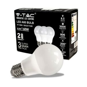 V-TAC Lampadina LED E27 8,5W A60 3000K (Box 3 pezzi)