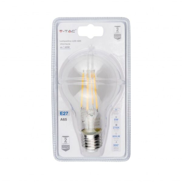 V-TAC Lampadina LED E27 8W A65 Filamento 2700K (Blister 1 Pezzo)