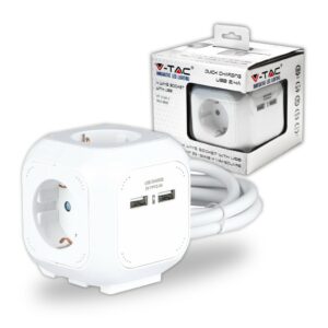 V-TAC Multipresa Cubica con Cavo 1,4 m 4 Prese Schuko e 2 USB e Spina Schuko Colore Bianco