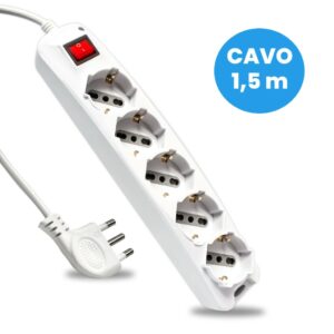 V-TAC Multipresa con Cavo 1,5m 5 Prese 10/16A 2P+T Bipasso + Schuko Interruttore Luminoso Spina 16A 2P+T Colore Bianco