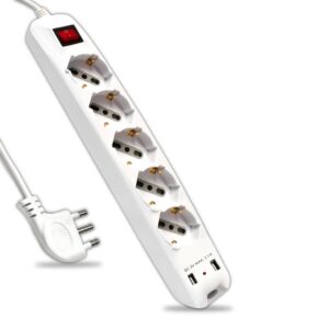 V-TAC Multipresa con Cavo 1,5m 5 Prese 10/16A Bipasso + Schuko e 2 USB Interruttore Luminoso Spina 16A 2P+T Colore Bianco